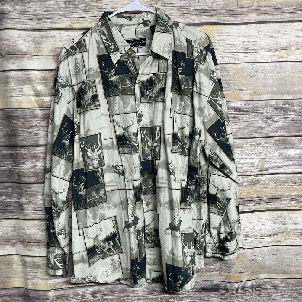 Field & Stream Deer Print Shirt Men's XL Green Long Sleeve Button Down Shirt